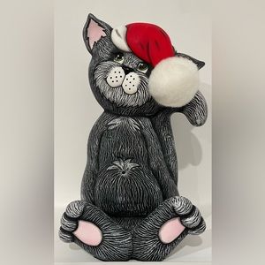 Adorable Ceramic Cat With Santa Hat Christmas Card Holder 11" Height.